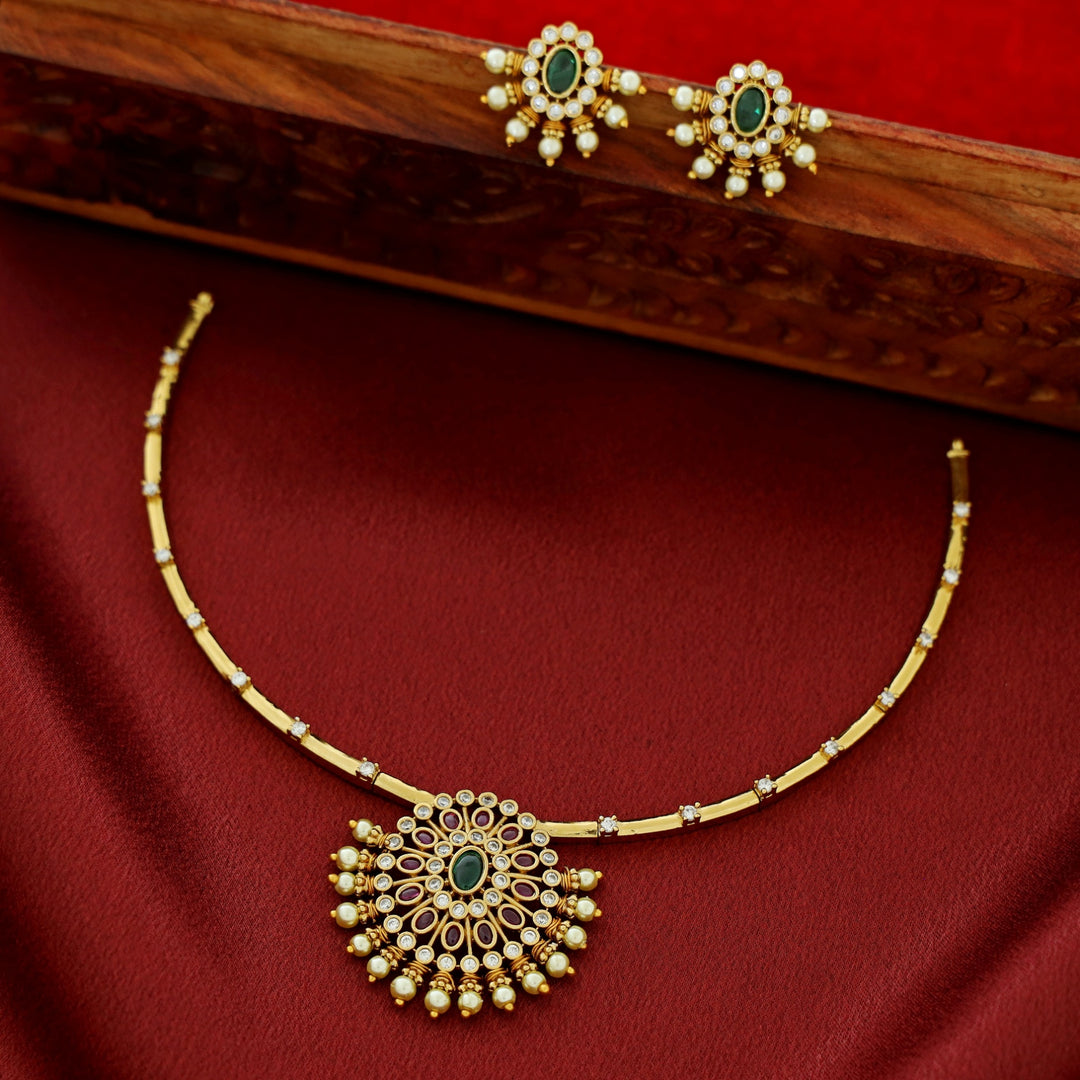 Takshvi Flower Pearl Stiff Short Neckpiece With Earring