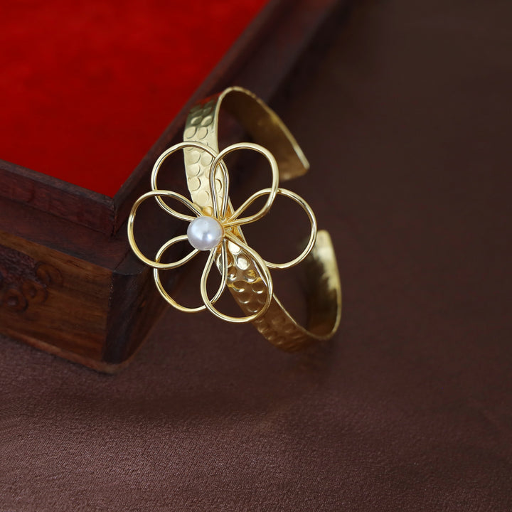 Denise Golden Hammered Flower Pearl Bangle