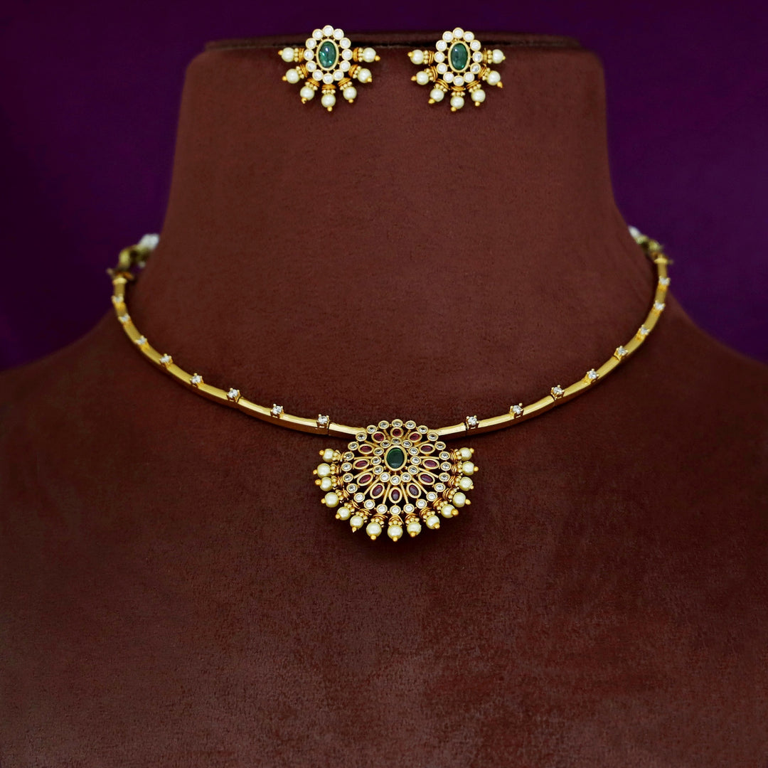 Takshvi Flower Pearl Stiff Short Neckpiece With Earring