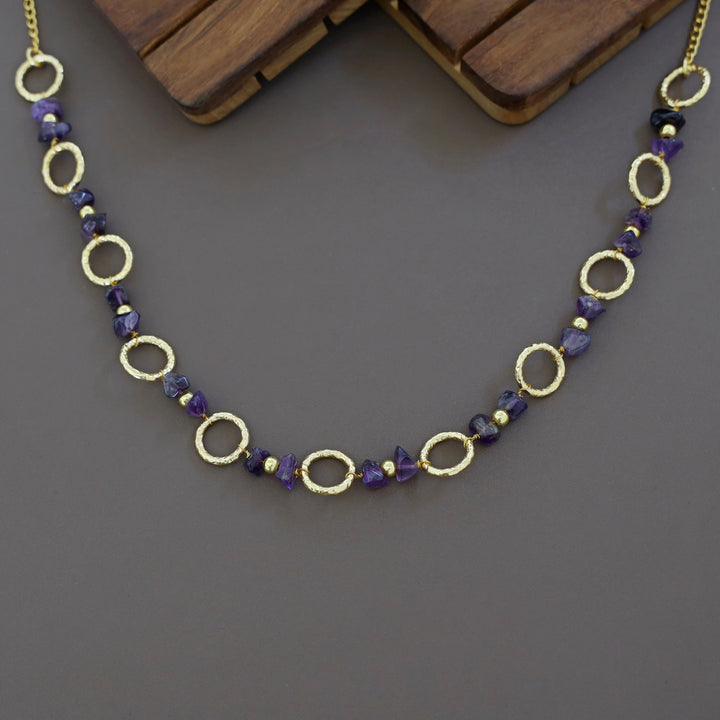 Jismi Golden Hammered Circle And Raw Stone Neckpiece