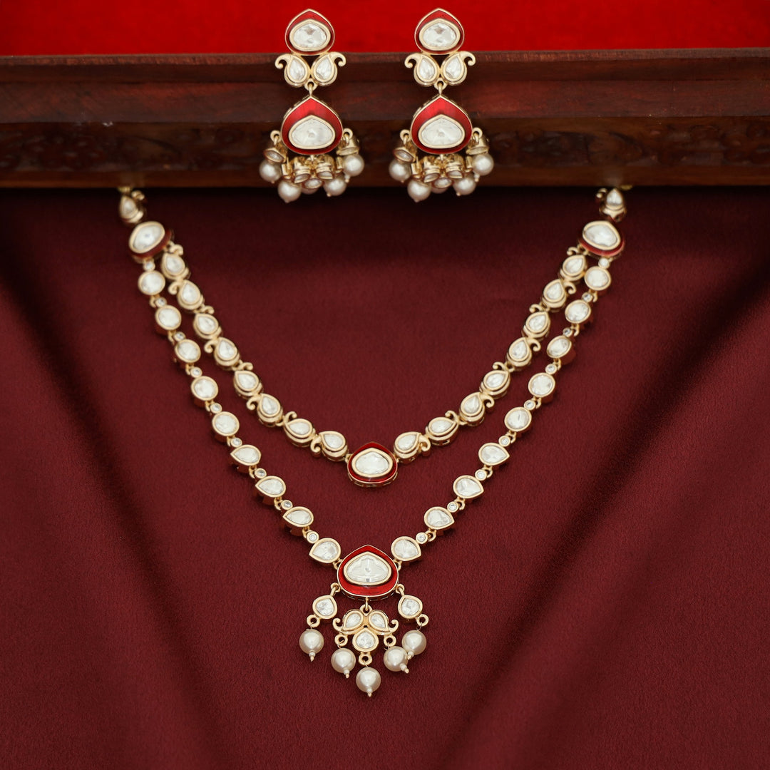 Premium Pooja Kundan 2 Layer Drop Pearl Neckpiece With Earring
