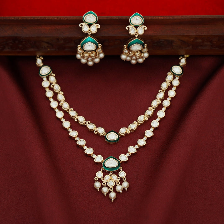 Premium Pooja Kundan 2 Layer Drop Pearl Neckpiece With Earring