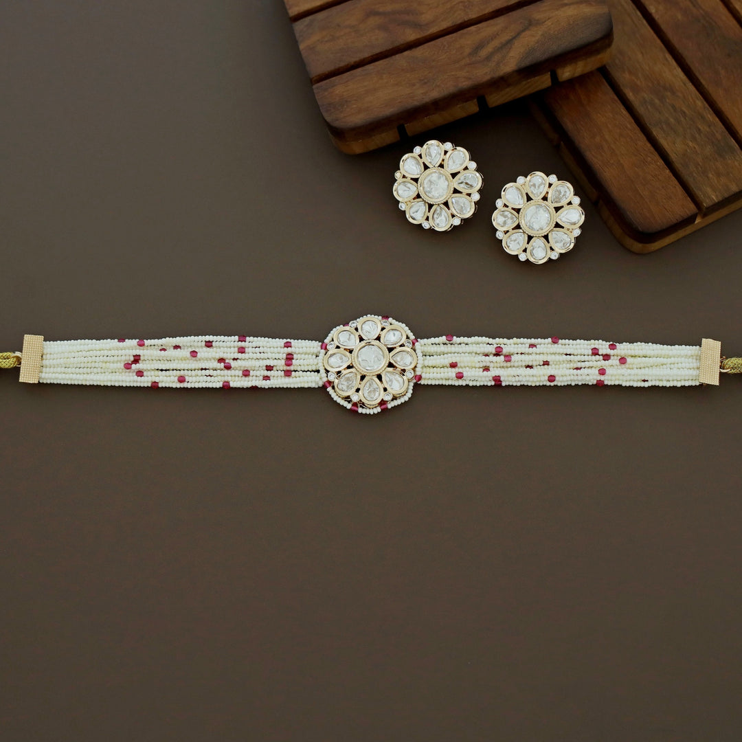 Premium Layered Bead Kundan Flower Choker With Earring