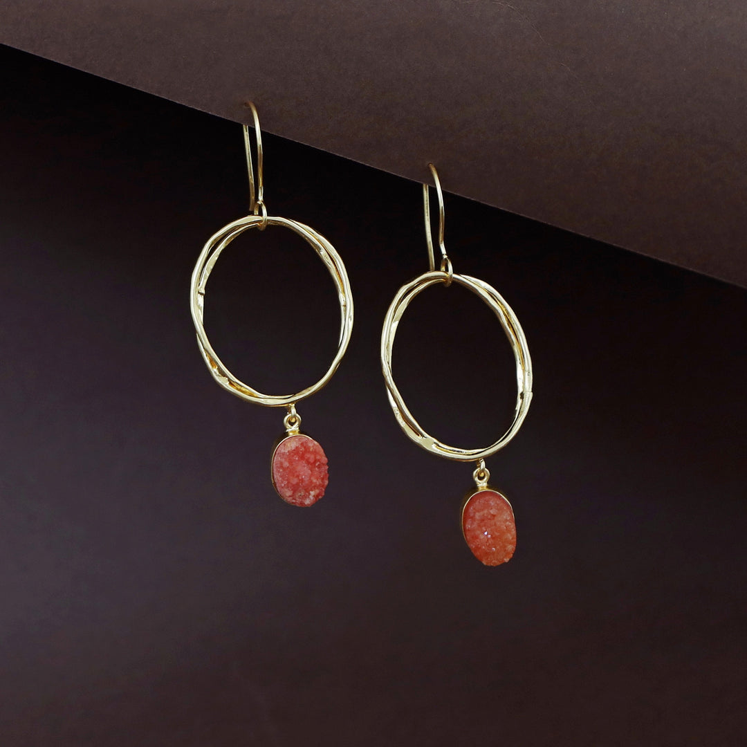 Golden Dual Oval Druzy Stone Drop