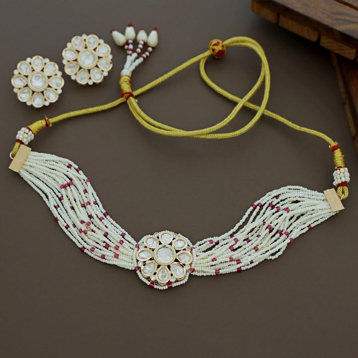 Premium Layered Bead Kundan Flower Choker With Earring