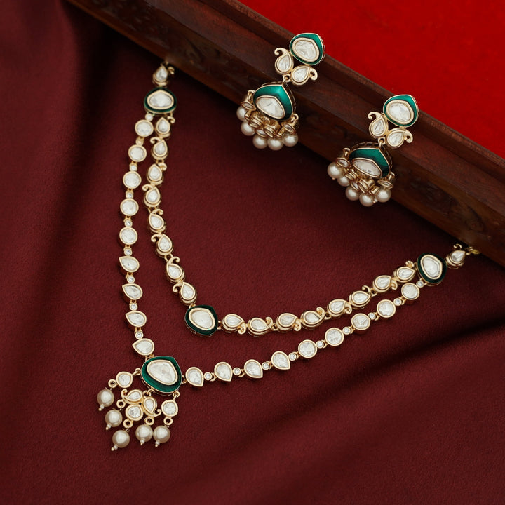 Premium Pooja Kundan 2 Layer Drop Pearl Neckpiece With Earring