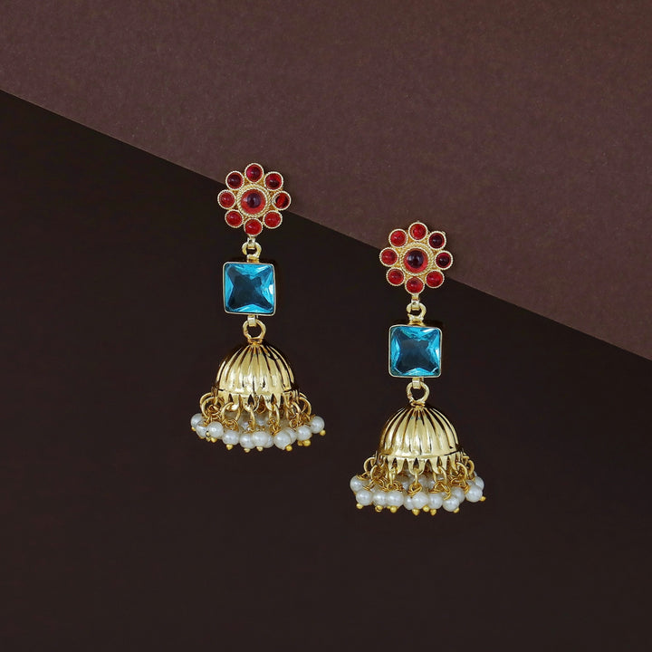 Muktha Golden Floral Glossy Stone Jhumka