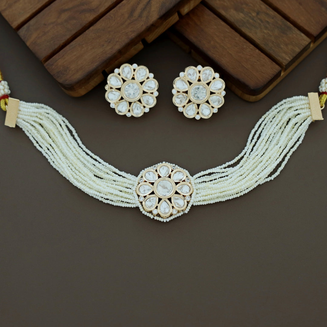 Premium Layered Bead Kundan Flower Choker With Earring