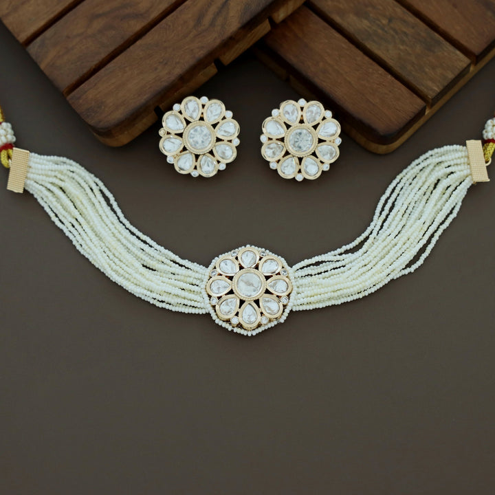 Premium Layered Bead Kundan Flower Choker With Earring