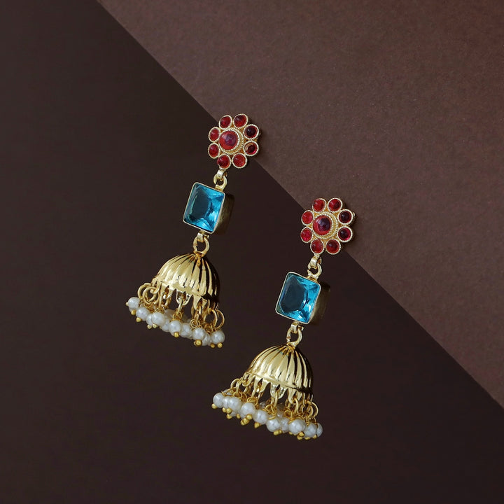 Muktha Golden Floral Glossy Stone Jhumka
