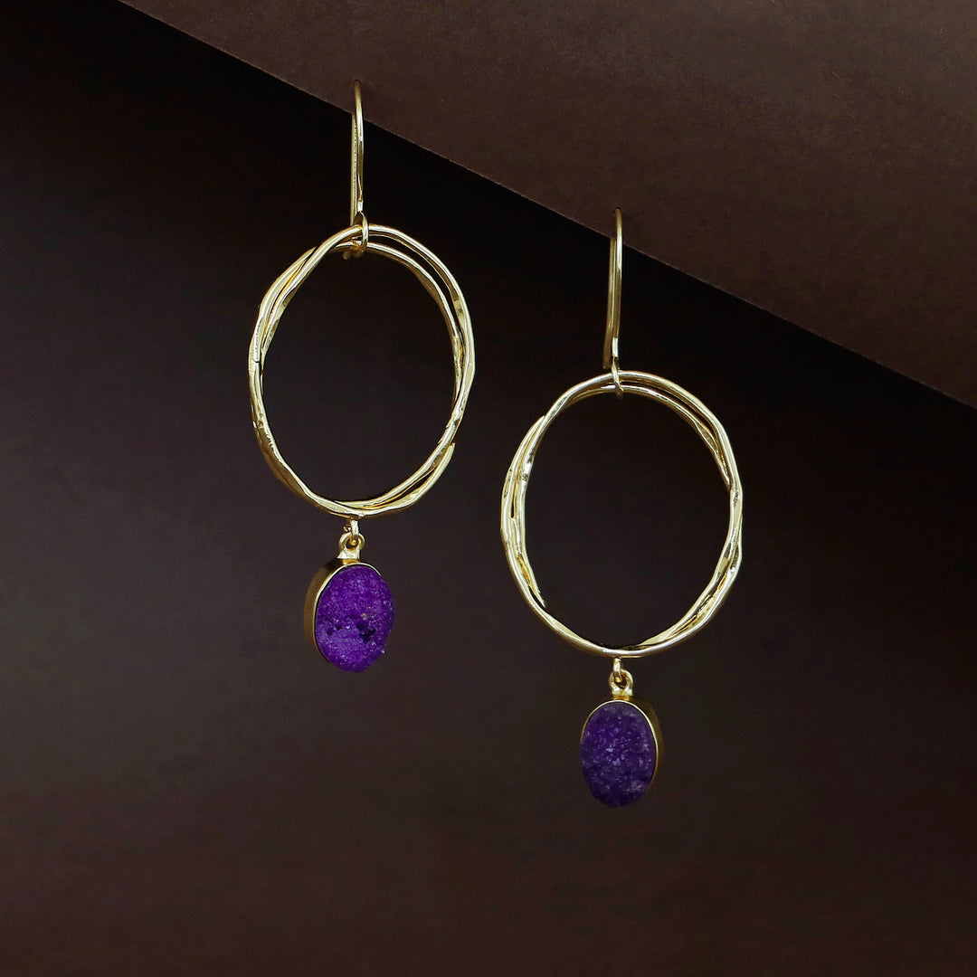 Golden Dual Oval Druzy Stone Drop