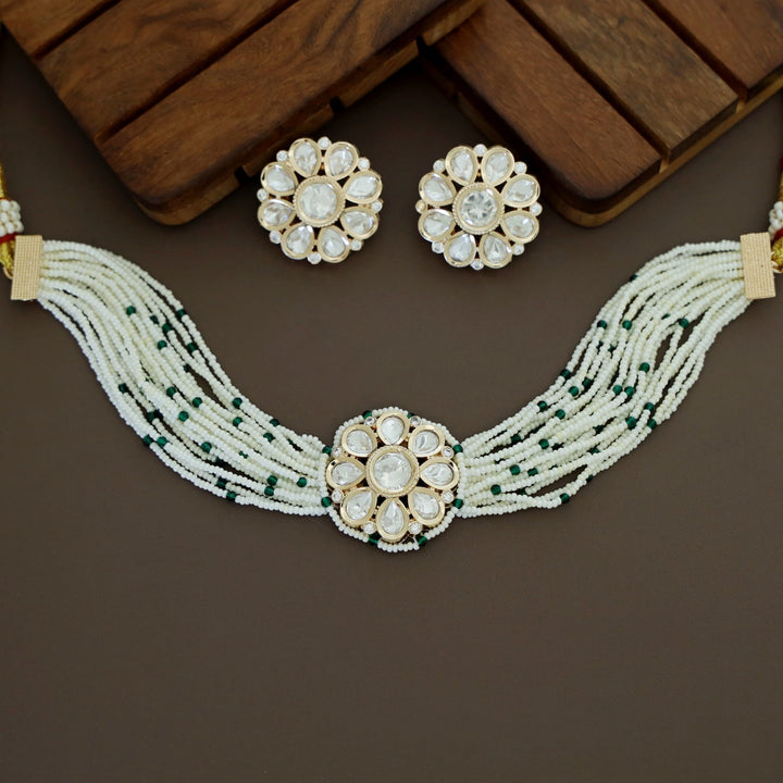 Premium Layered Bead Kundan Flower Choker With Earring