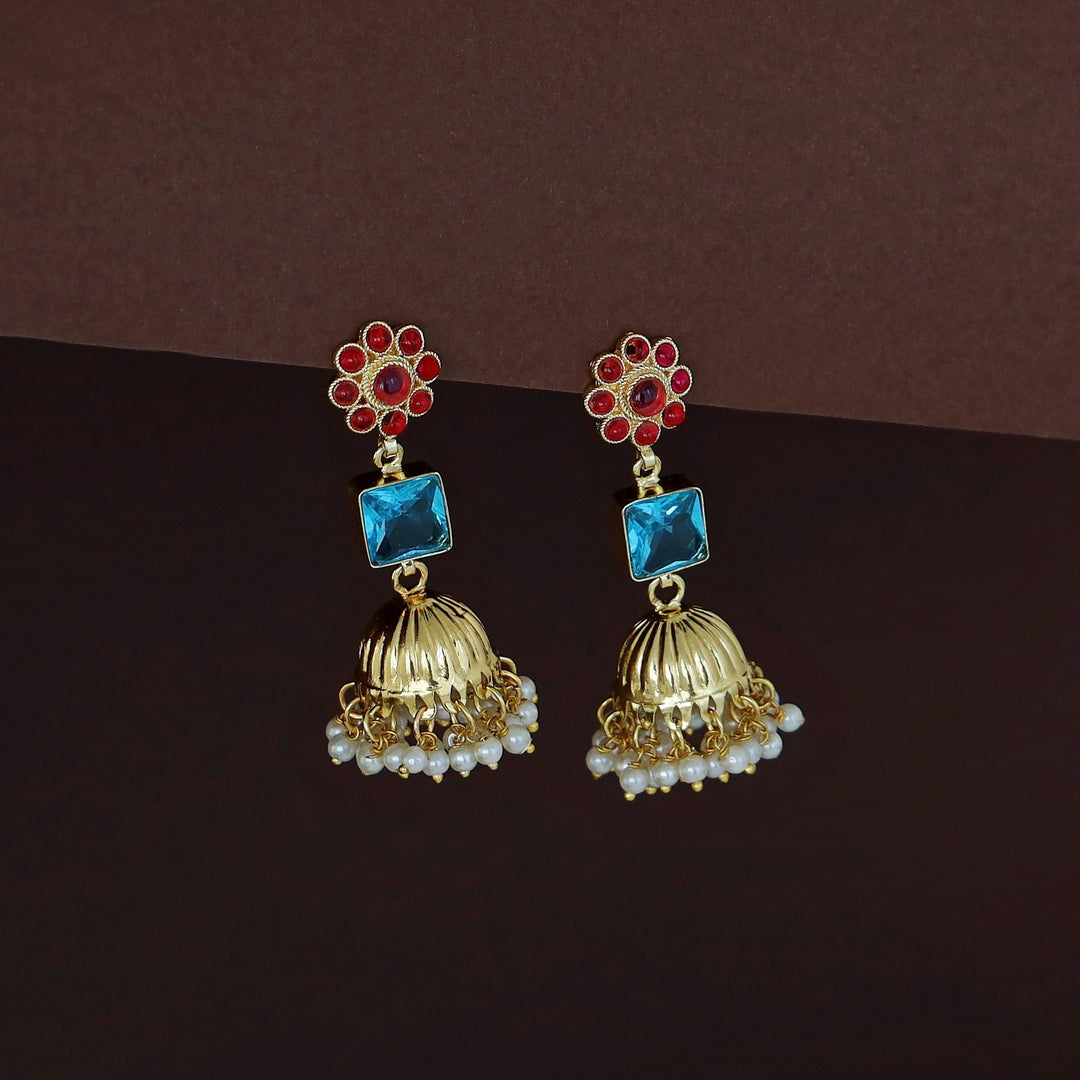 Muktha Golden Floral Glossy Stone Jhumka