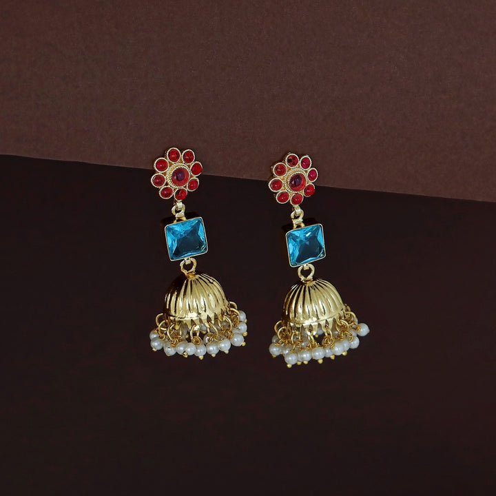 Muktha Golden Floral Glossy Stone Jhumka