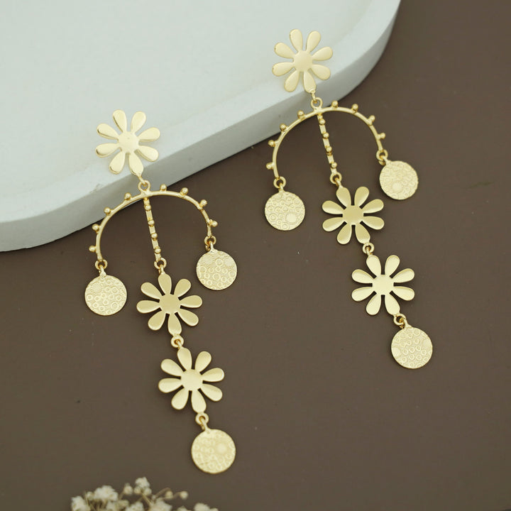 Golden Tri Midhila Flower Long Earring
