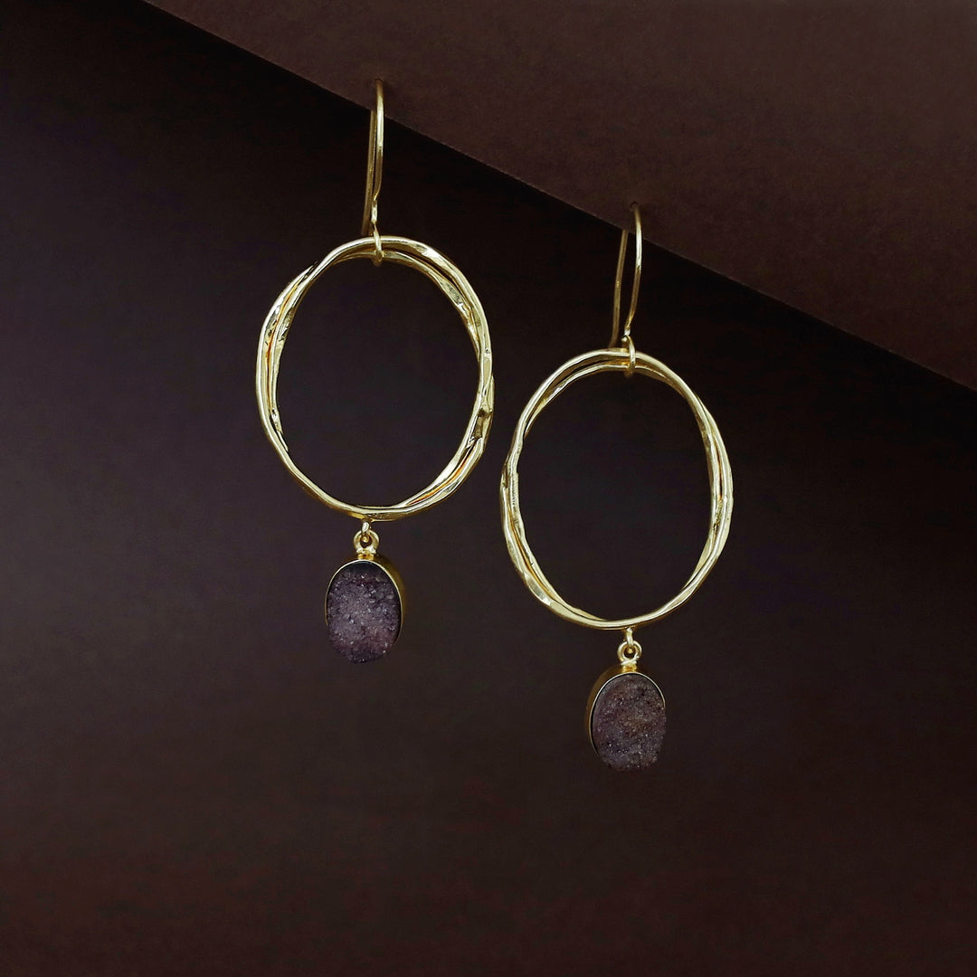 Golden Dual Oval Druzy Stone Drop