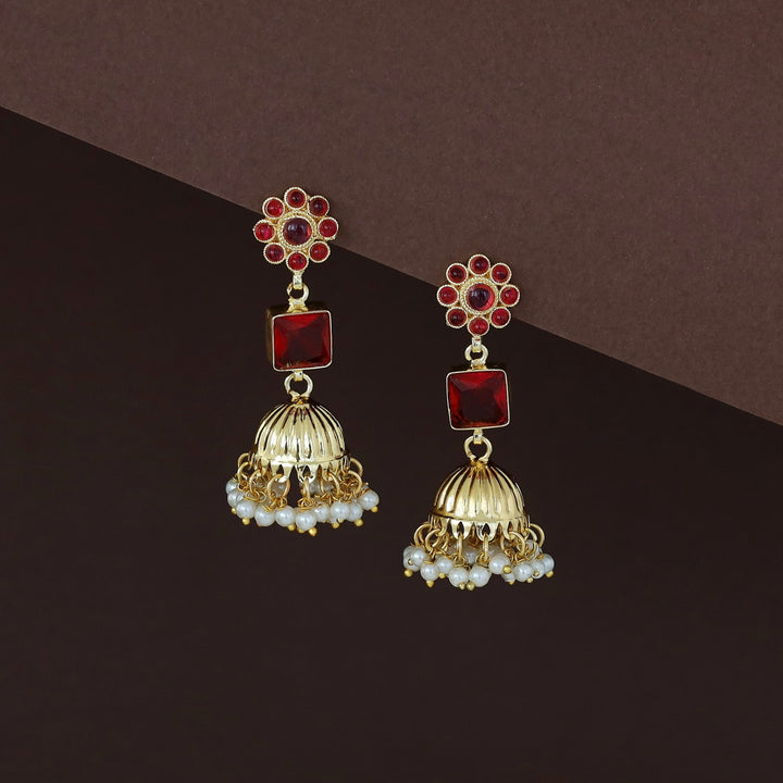 Muktha Golden Floral Glossy Stone Jhumka