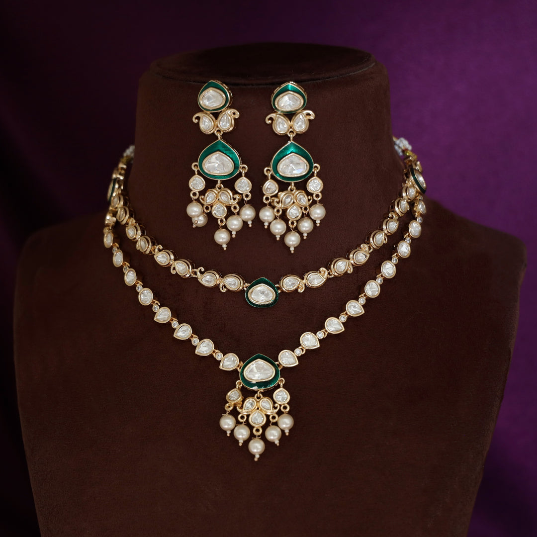 Premium Pooja Kundan 2 Layer Drop Pearl Neckpiece With Earring