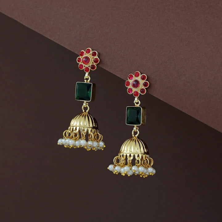 Muktha Golden Floral Glossy Stone Jhumka