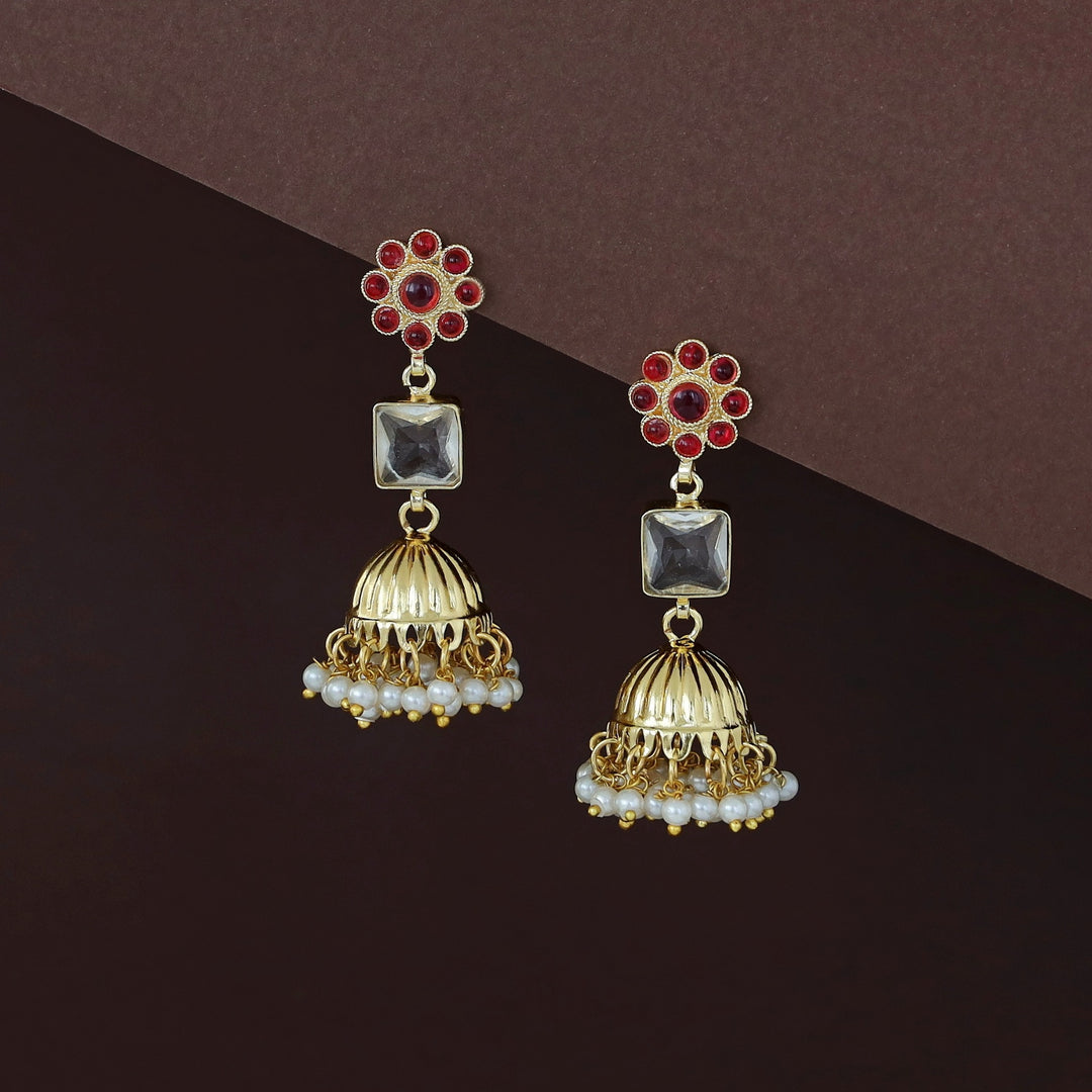 Muktha Golden Floral Glossy Stone Jhumka