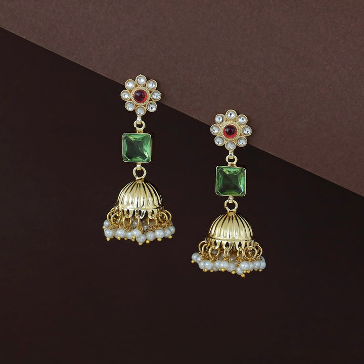 Muktha Golden Floral Glossy Stone Jhumka