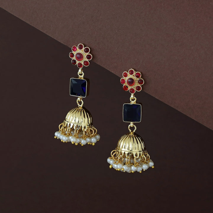 Muktha Golden Floral Glossy Stone Jhumka