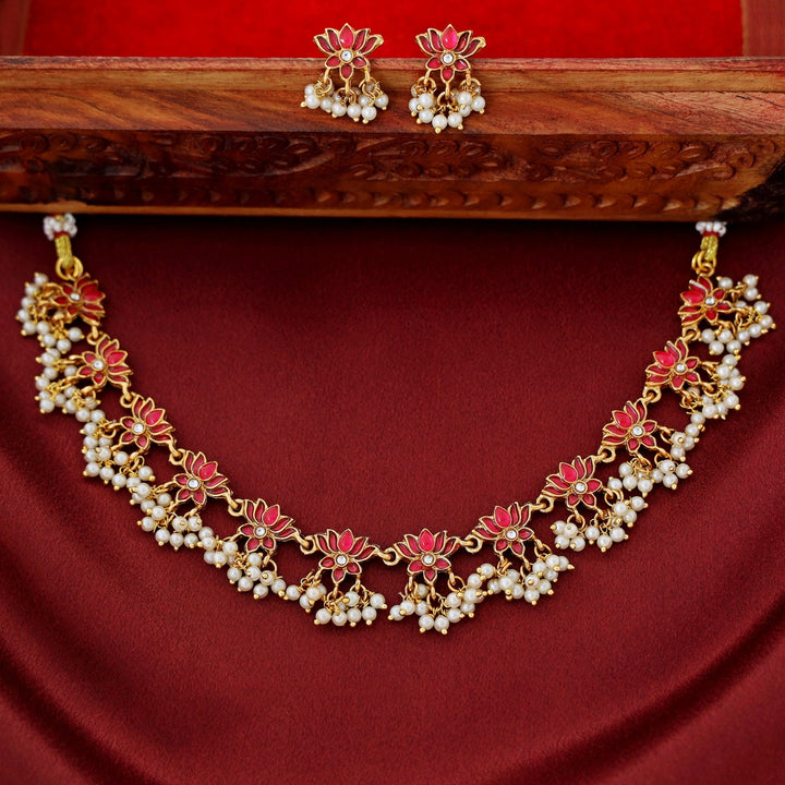 Arusha Mini Lotus Pearl Short Neckpiece with Earring