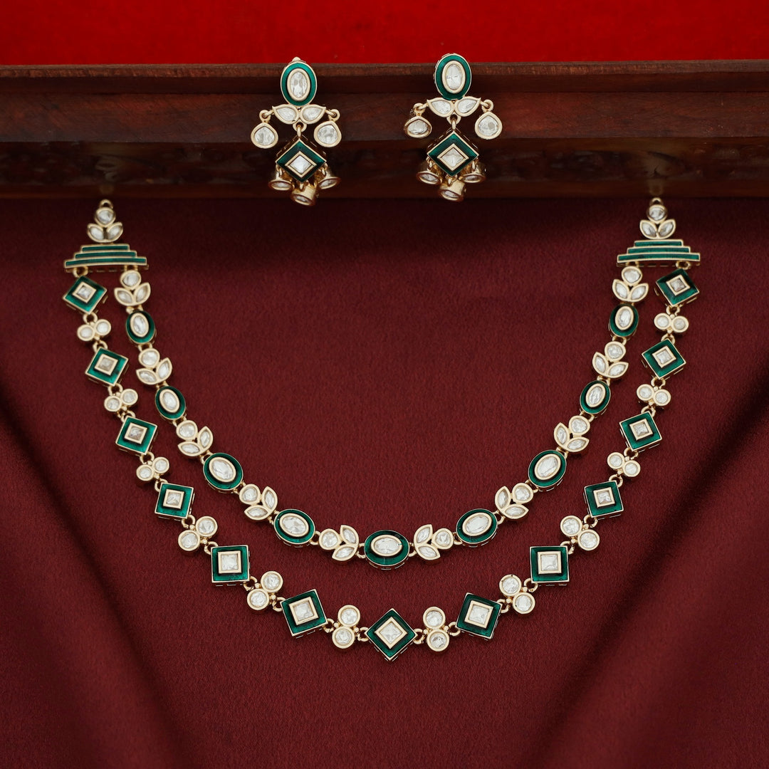 Premium Pragna Kundan 2 Layer Oval & Diamond Neckpiece With Earring