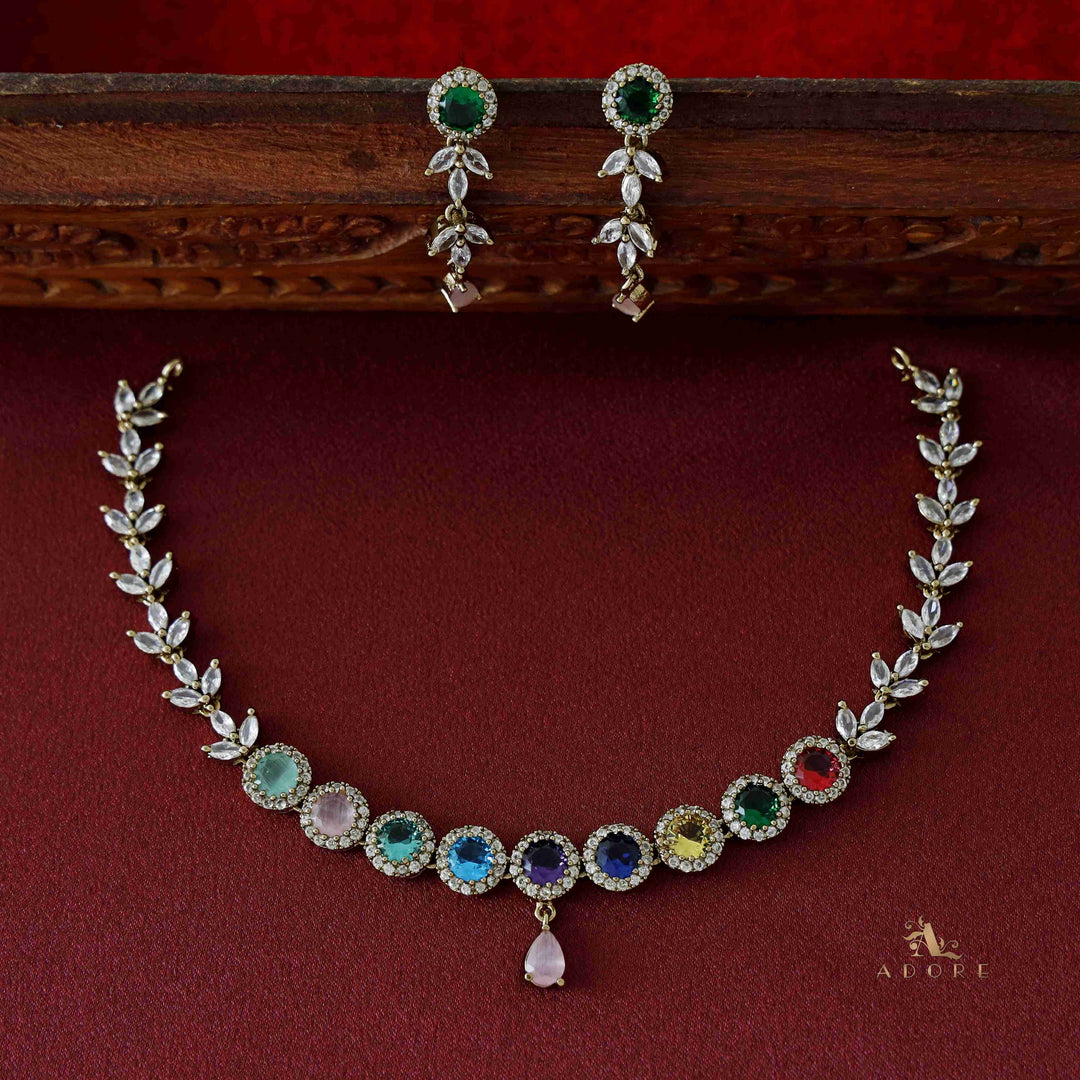 Niya Round Stone Short Neckpiece with Earring