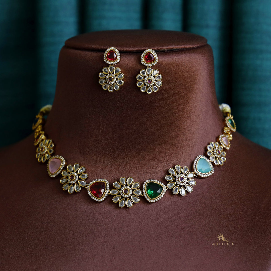 Premium Curvy Triangle Flower Neckpiece With Earring