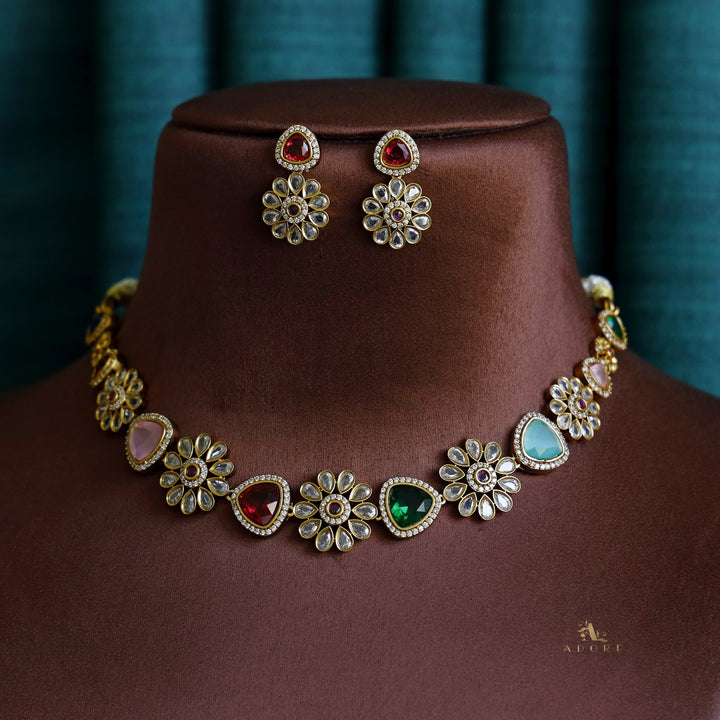 Premium Curvy Triangle Flower Neckpiece With Earring