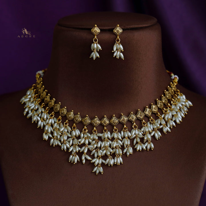 Asthra Rice Pearl Short Neckpiece with Earring