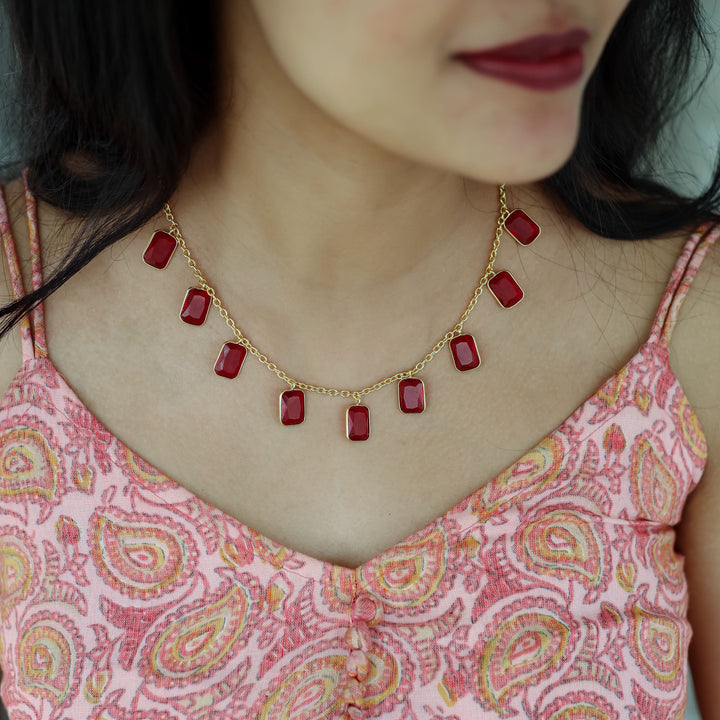 Hanging 9 Stone Rectangle Glossy Neckpiece With Stud