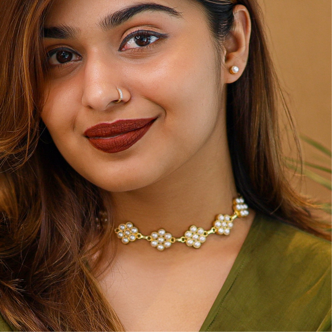 Florence Golden Hepta Pearl Short Neckpiece/Choker With Studs