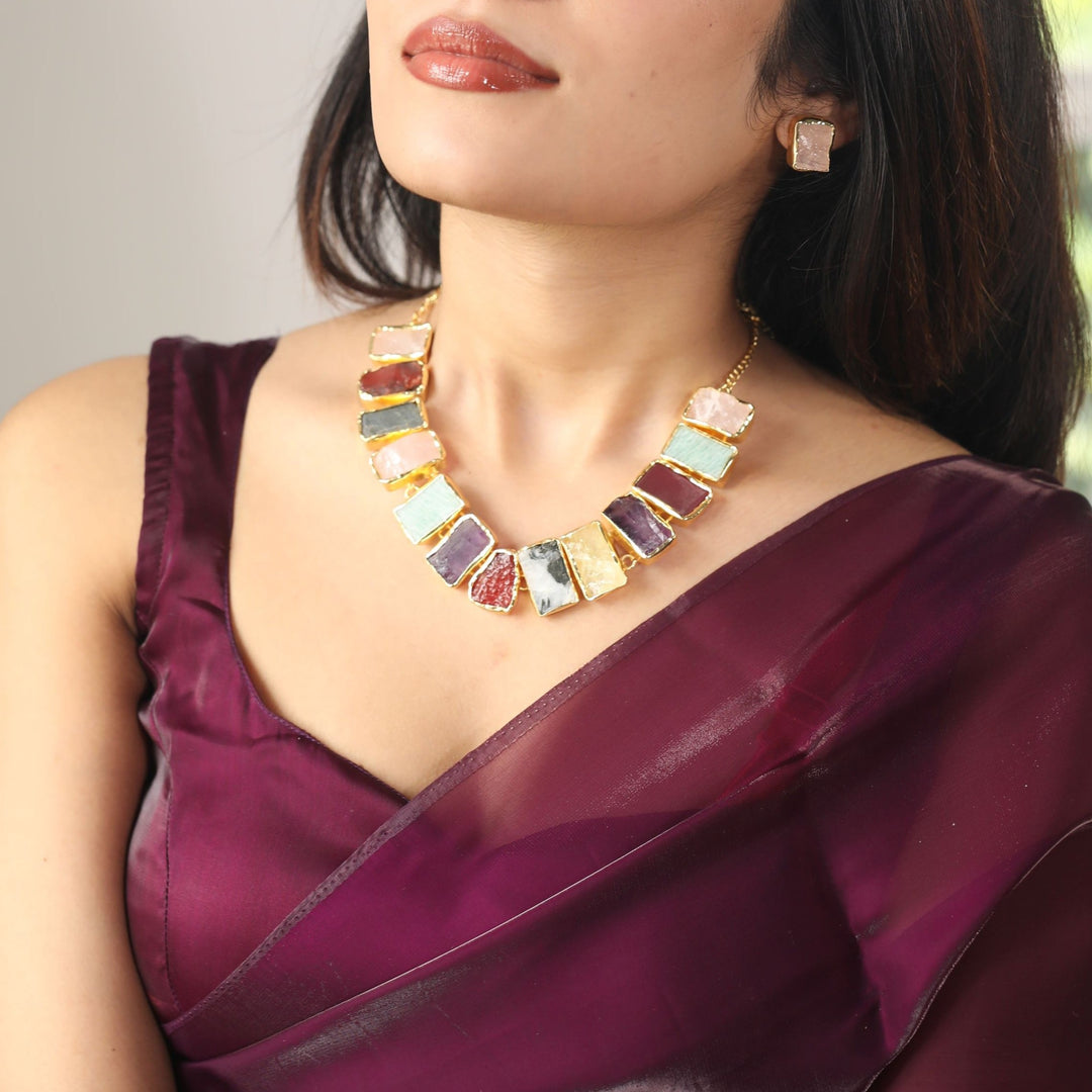 Rushika Rectangle Raw Stone Short Neckpiece With Stud