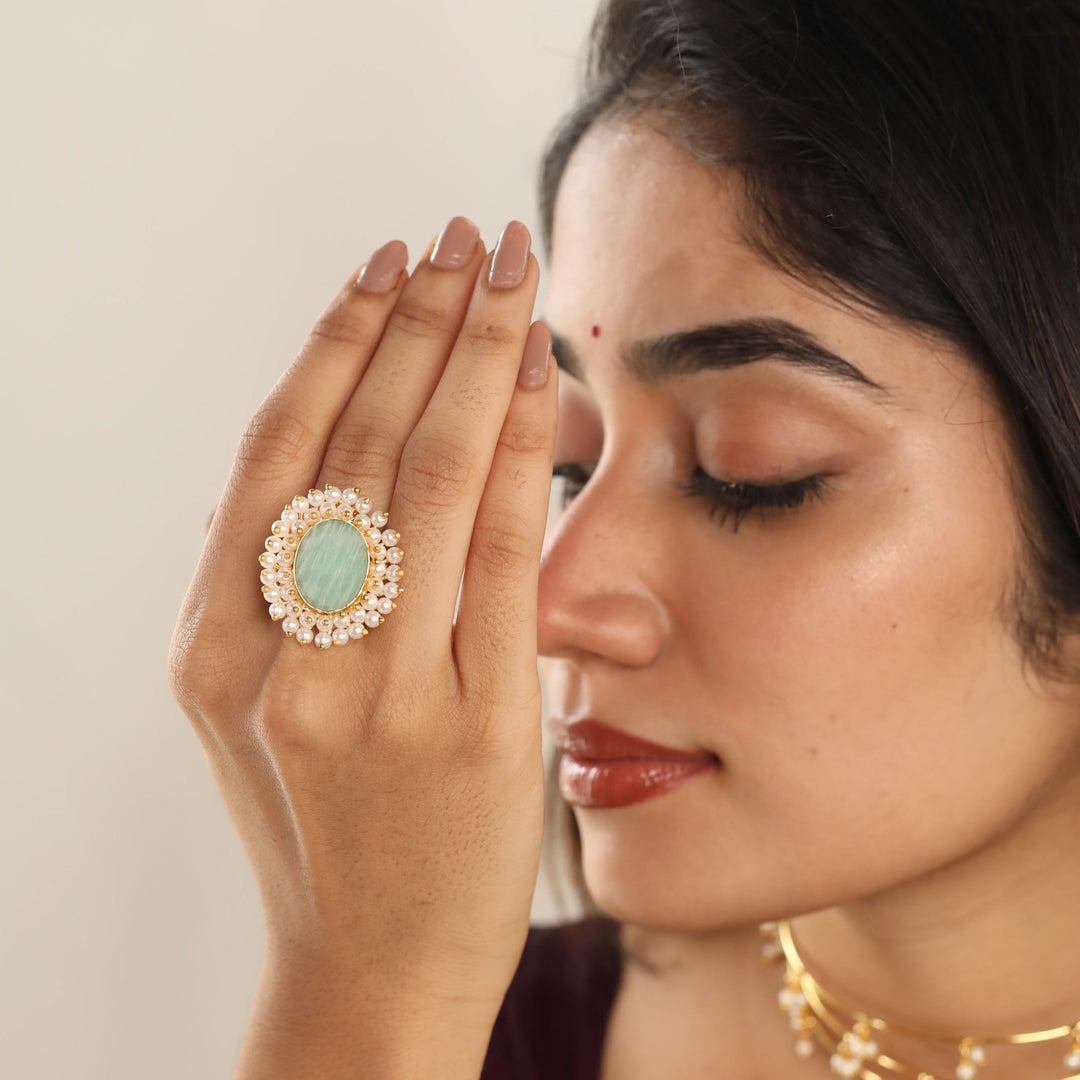 Raw Stone Oval Cluster Pearl Ring