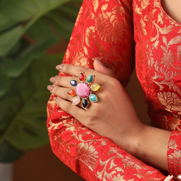 Multicolour Agate Flower Ring (Dyed Agate Stone)