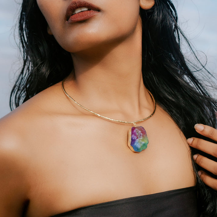 Golden Hammered Solar Agate Neck Cuff
