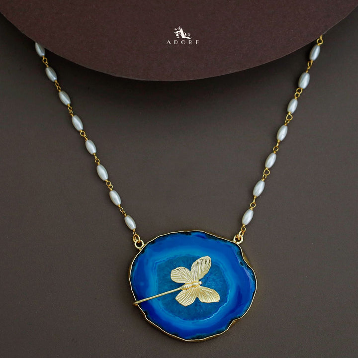 Rice Pearl Long Agate Golden Papillon Neckpiece