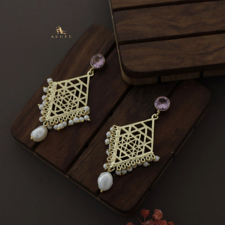Glossy Diamond Frame Pearl + Baroque Earring