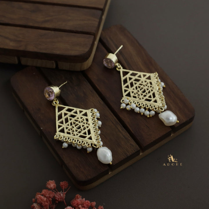 Glossy Diamond Frame Pearl + Baroque Earring