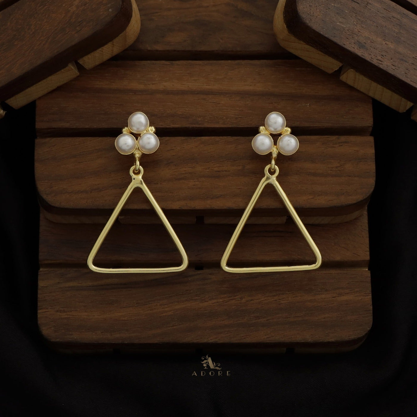 Golden Tri Pearl Triangle Earring