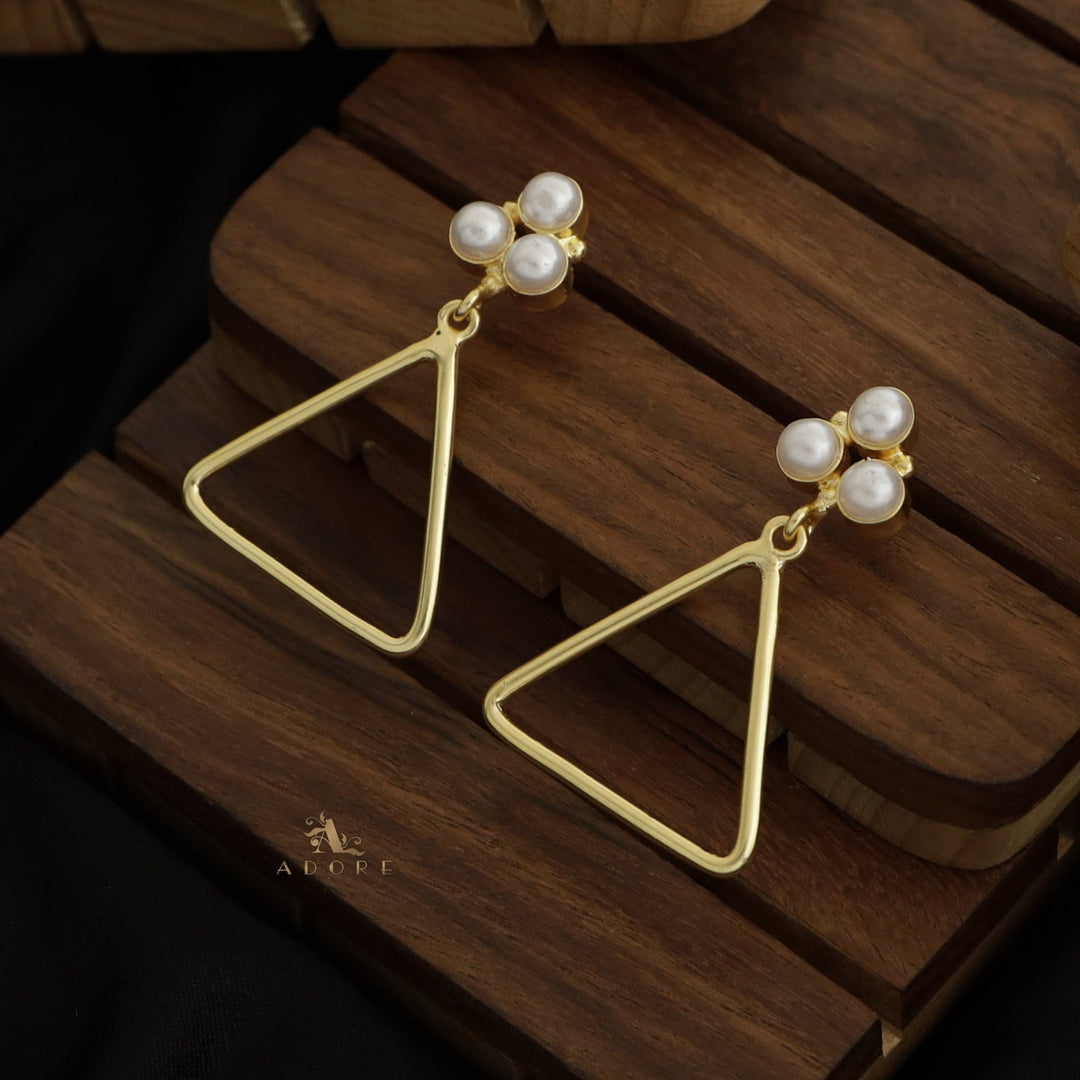 Golden Tri Pearl Triangle Earring