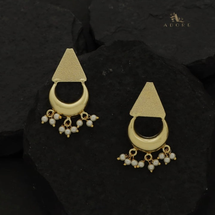 Textured Triangle Golden Moon Pearl Earring
