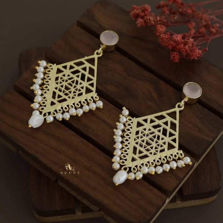 Glossy Diamond Frame Pearl + Baroque Earring