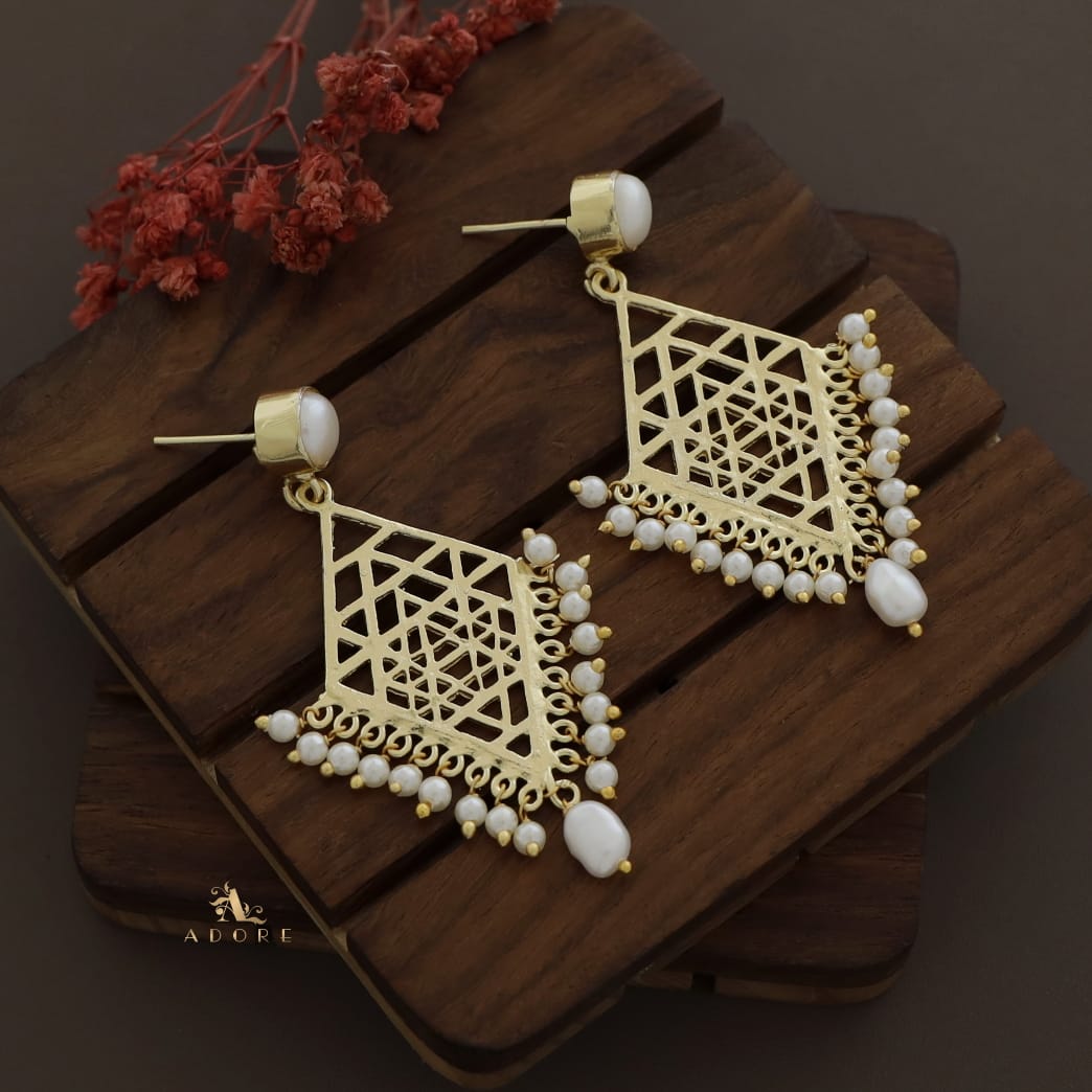 Glossy Diamond Frame Pearl + Baroque Earring