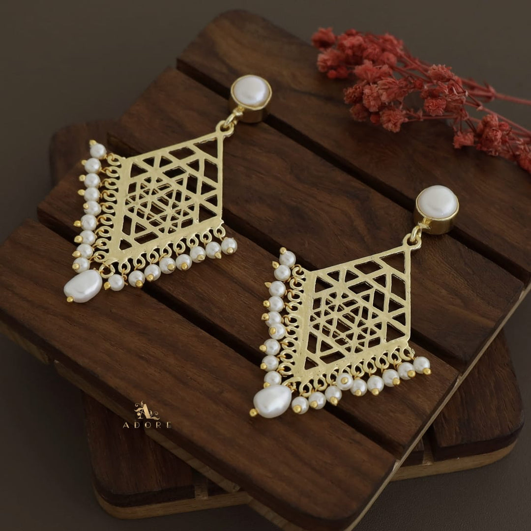 Glossy Diamond Frame Pearl + Baroque Earring
