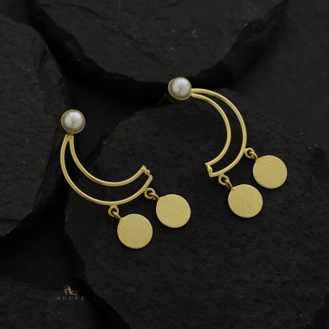 Golden Dual Coin Moon Pearl Earring