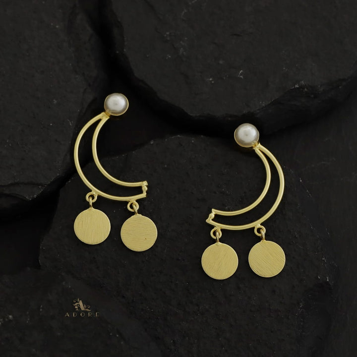 Golden Dual Coin Moon Pearl Earring