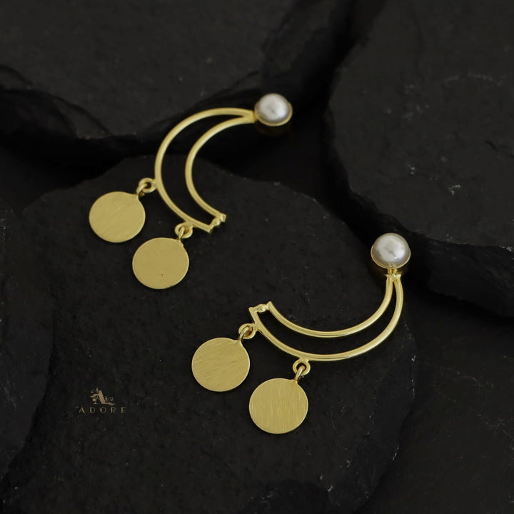 Golden Dual Coin Moon Pearl Earring